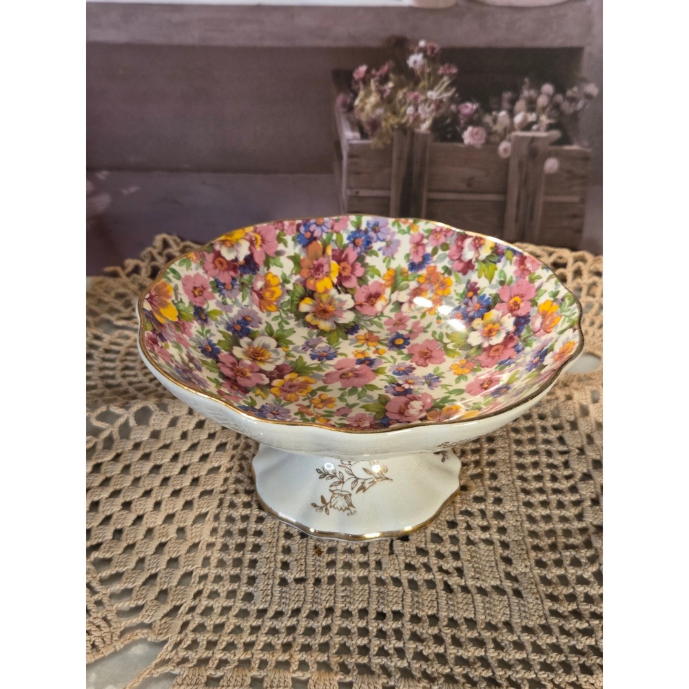 James Kent Longton Du Barry Chintz Pedestal Bowl Vintage England Floral Gold Rim